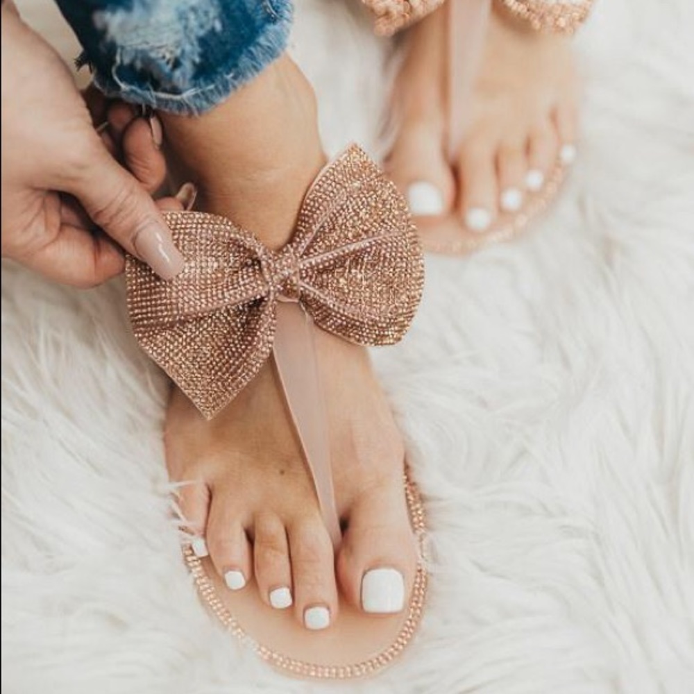 Rhinestone Bling Bow Jelly Sandals Nude Flip Flops - Picture 2 of 8